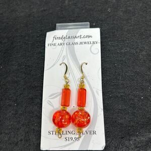 Fired Glass Art Glass NWT Red Bead Dangle Earrings Sterling Silver